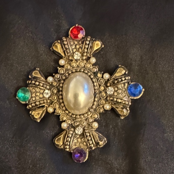 Pearl Cross Brooch with Multicolor Rhinestones, Baroque Statement Pin - Picture 2 of 5